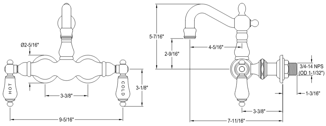 Kingston - Tub Faucets - Vintage CC1003T Two-Handle 2-Hole Tub Wall Mount Clawfoot Tub Faucet