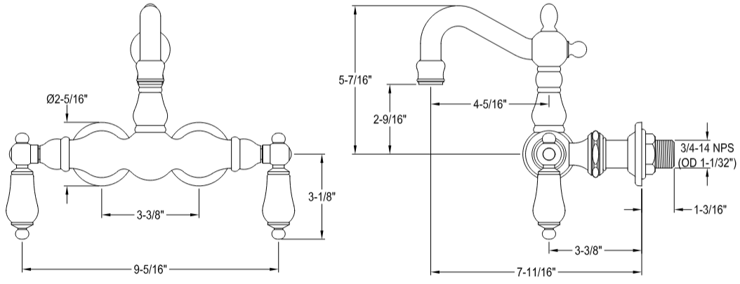 Kingston - Tub Faucets - Vintage CC1006T Two-Handle 2-Hole Tub Wall Mount Clawfoot Tub Faucet