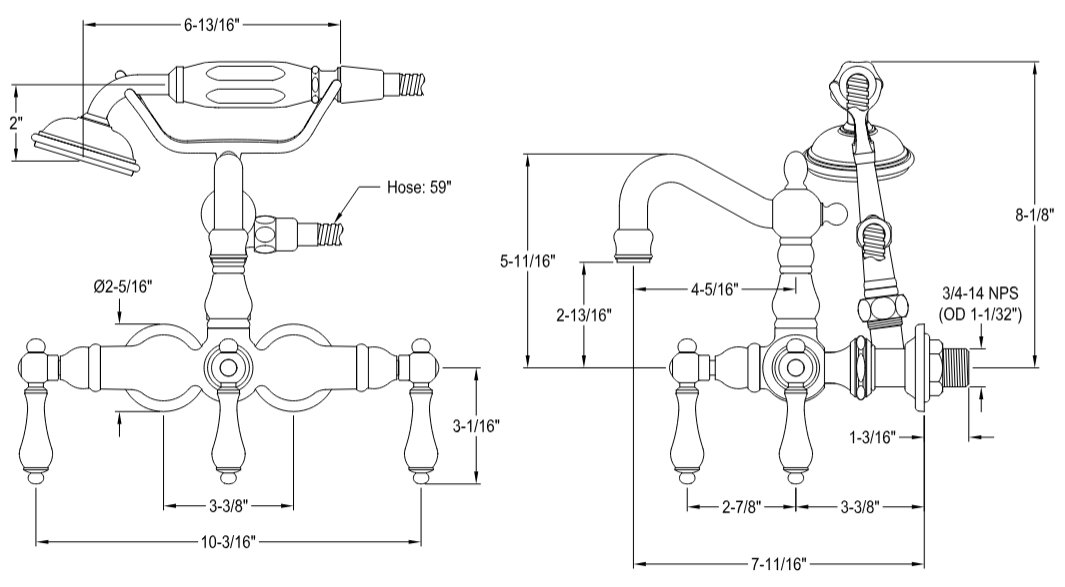 Kingston - Tub Faucets - Vintage CC1007T Three-Handle 2-Hole Tub Wall Mount Clawfoot Tub Faucet with Hand Shower