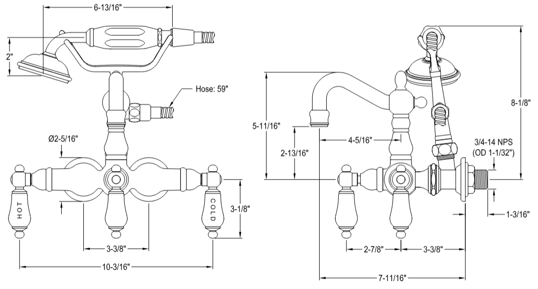 Kingston - Tub Faucets - Vintage CC1009T Three-Handle 2-Hole Tub Wall Mount Clawfoot Tub Faucet with Hand Shower