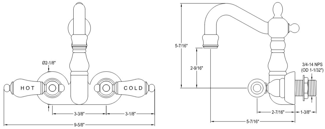 Kingston - Tub Faucets - Vintage CC1073T Two-Handle 2-Hole Tub Wall Mount Clawfoot Tub Faucet