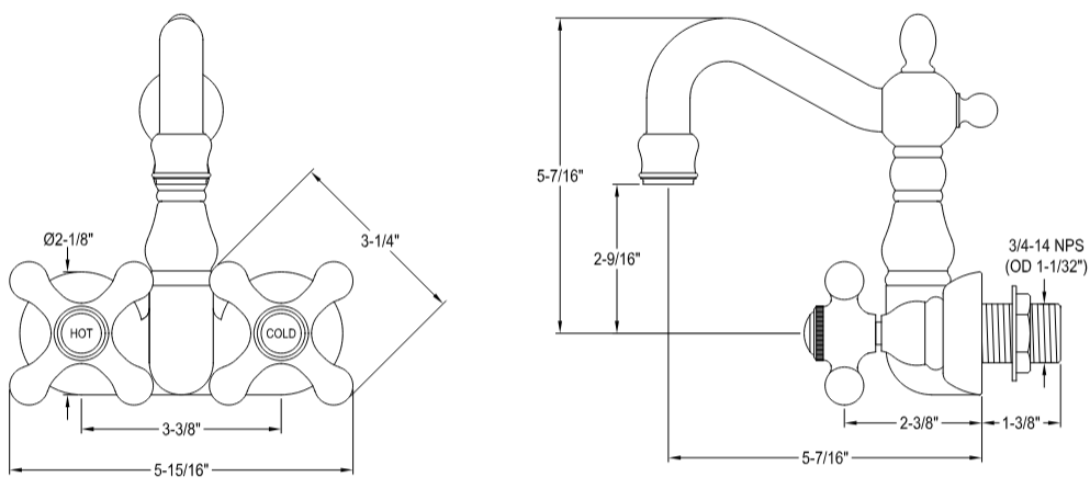 Kingston - Tub Faucets - Vintage CC1077T Two-Handle 2-Hole Tub Wall Mount Clawfoot Tub Faucet