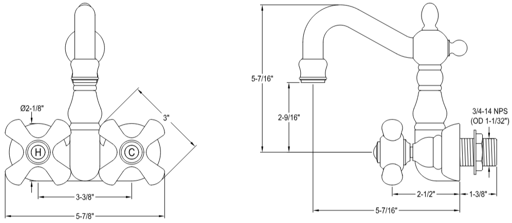 Kingston - Tub Faucets - Vintage CC1079T Two-Handle 2-Hole Tub Wall Mount Clawfoot Tub Faucet