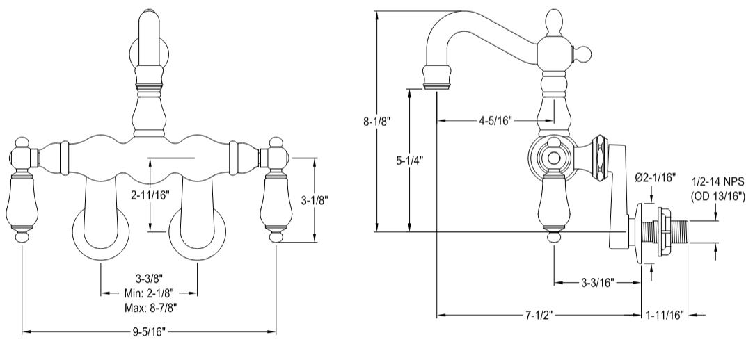 Kingston - Tub Faucets - Vintage CC1083T Two-Handle 2-Hole Tub Wall Mount Clawfoot Tub Faucet