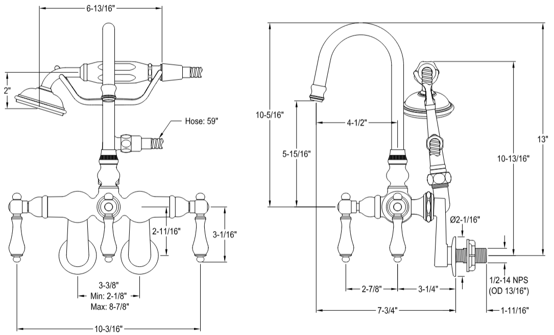 Kingston - Tub Faucets - Vintage CC301T Three-Handle 2-Hole Tub Wall Mount Clawfoot Tub Faucet with Hand Shower