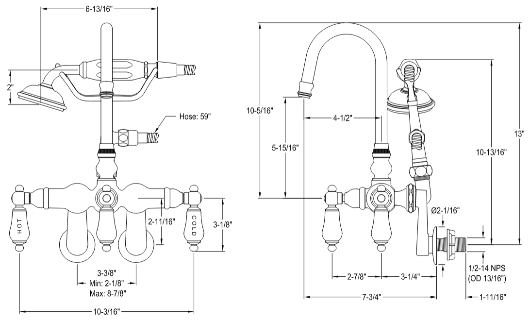 Kingston - Tub Faucets - Vintage CC303T Three-Handle 2-Hole Tub Wall Mount Clawfoot Tub Faucet with Hand Shower
