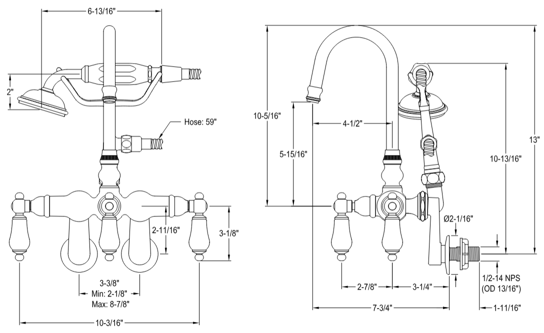 Kingston - Tub Faucets - Vintage CC305T Three-Handle 2-Hole Tub Wall Mount Clawfoot Tub Faucet with Hand Shower