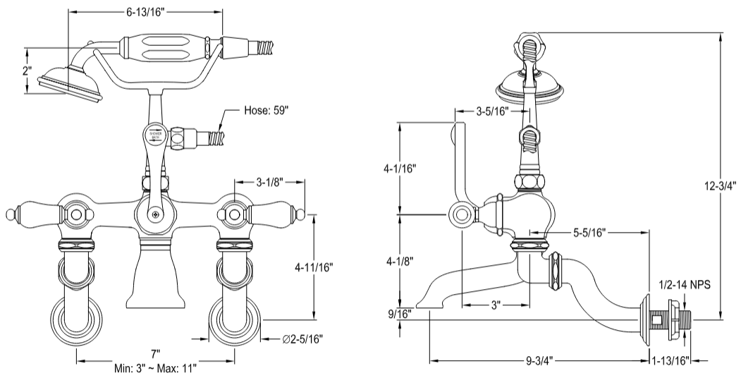 Kingston - Tub Faucets - Vintage CC459T Three-Handle 2-Hole Tub Wall Mount Clawfoot Tub Faucet with Hand Shower
