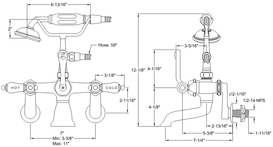 Kingston - Tub Faucets - Vintage CC53T Three-Handle 2-Hole Tub Wall Mount Clawfoot Tub Faucet with Hand Shower
