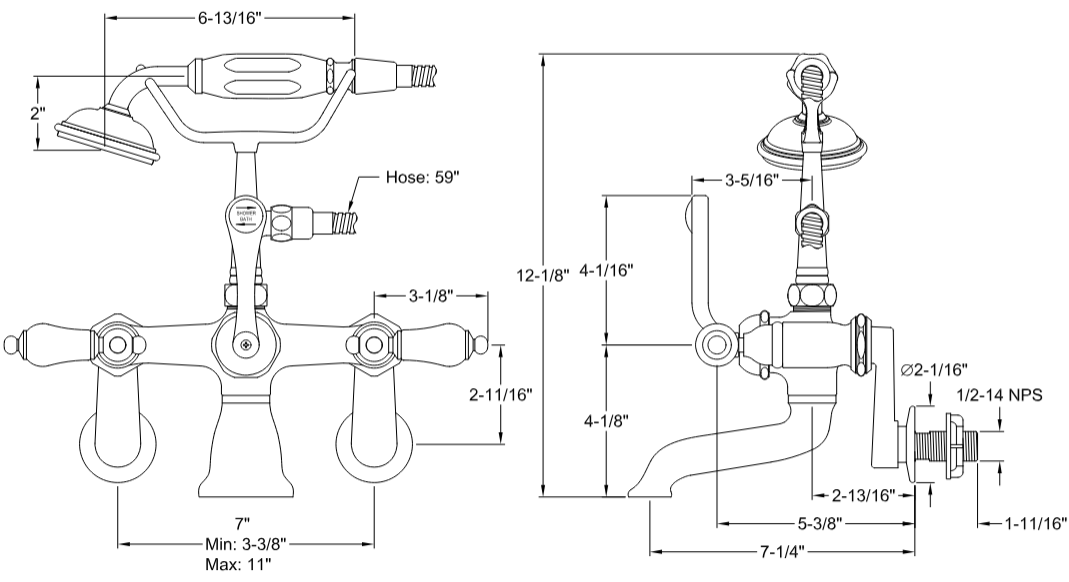 Kingston - Tub Faucets - Vintage CC55T Three-Handle 2-Hole Tub Wall Mount Clawfoot Tub Faucet with Hand Shower