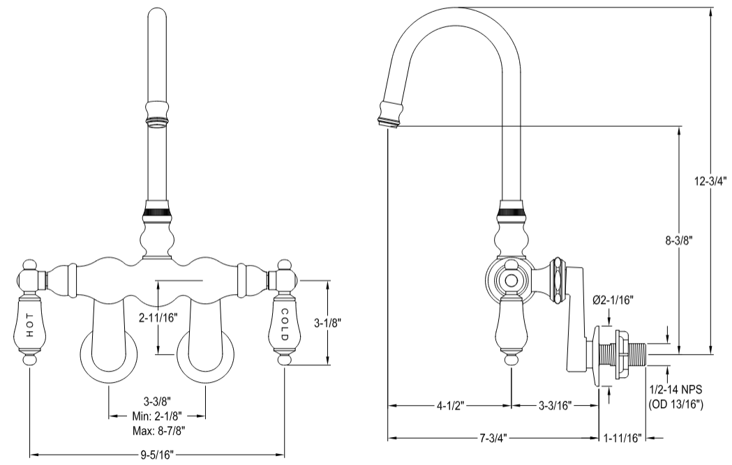 Kingston - Tub Faucets - Vintage CC85T Two-Handle 2-Hole Tub Wall Mount Clawfoot Tub Faucet