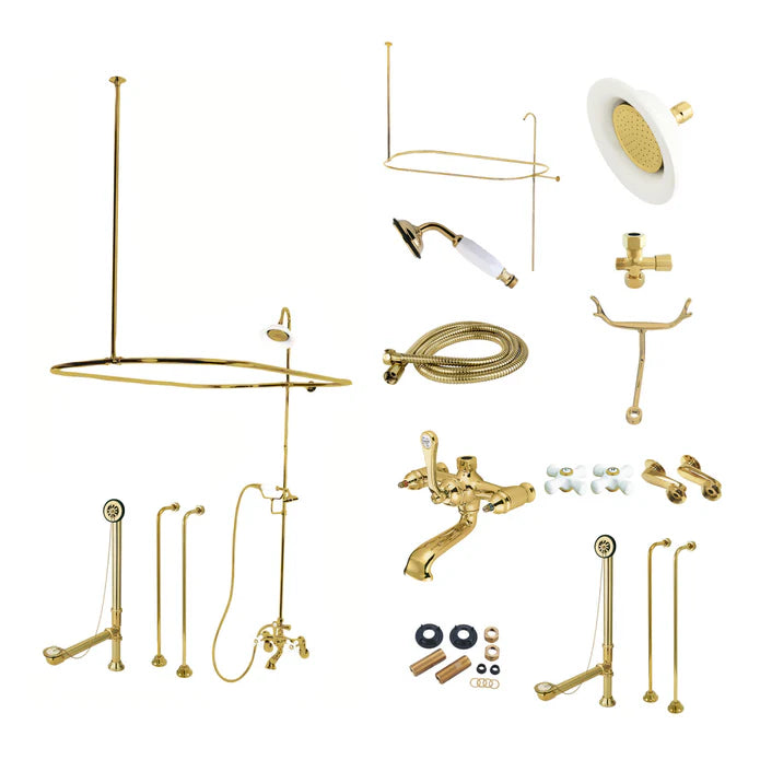 Kingston - Tub Faucets - Vintage CCK114PX (Porcelain Cross) Three-Handle 2-Hole Tub Wall Mount Clawfoot Tub Faucet Package with Shower Enclosure and Hand Shower