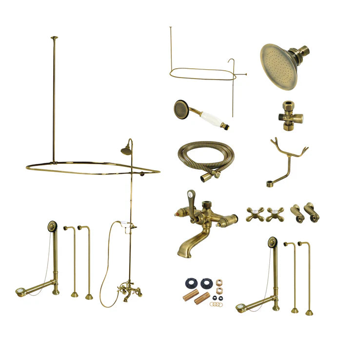 Kingston - Tub Faucets - Vintage CCK114AX (Metal Cross) Three-Handle 2-Hole Tub Wall Mount Clawfoot Tub Faucet Package with Shower Enclosure and Hand Shower