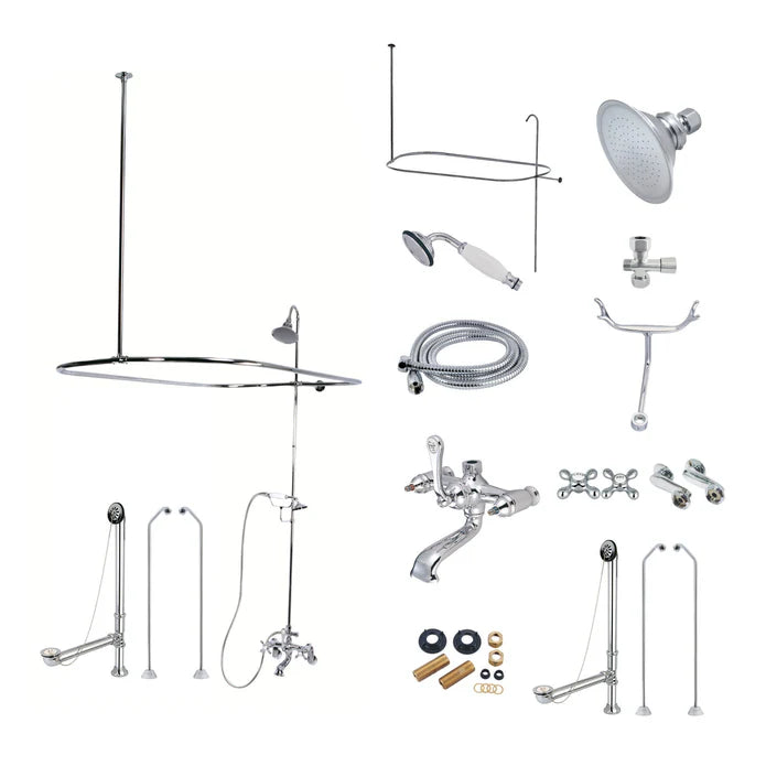 Kingston - Tub Faucets - Vintage CCK118AX (Metal Cross) Three-Handle 2-Hole Tub Wall Mount Clawfoot Tub Faucet Package with Shower Enclosure and Hand Shower
