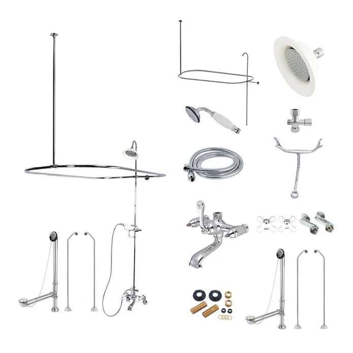 Kingston - Tub Faucets - Vintage CCK118PX (Porcelain Cross) Three-Handle 2-Hole Tub Wall Mount Clawfoot Tub Faucet Package with Shower Enclosure and Hand Shower