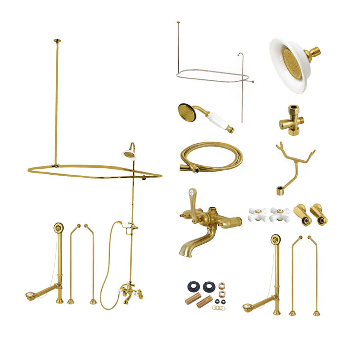 Kingston - Tub Faucets - Vintage CCK118PX (Porcelain Cross) Three-Handle 2-Hole Tub Wall Mount Clawfoot Tub Faucet Package with Shower Enclosure and Hand Shower