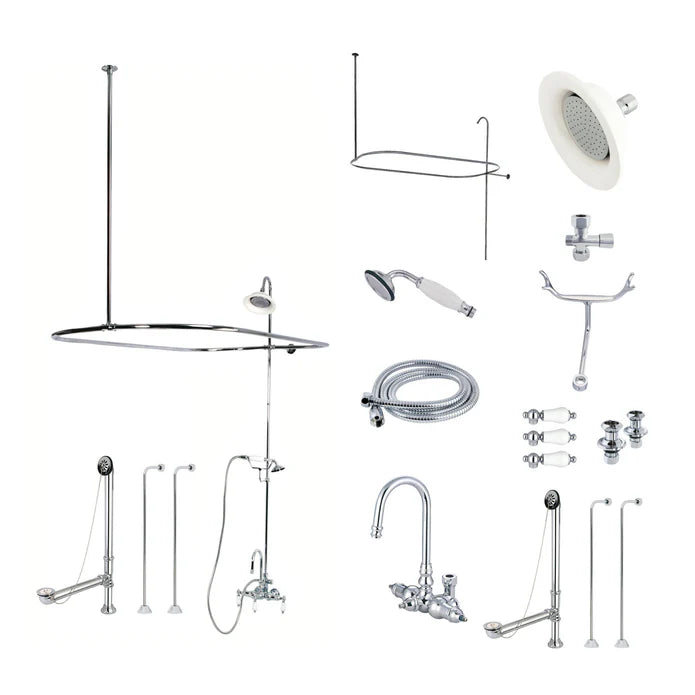 Kingston - Tub Faucets - Vintage CCK214PL Three-Handle 2-Hole Tub Wall Mount Clawfoot Tub Faucet Package with Shower Enclosure and Hand Shower