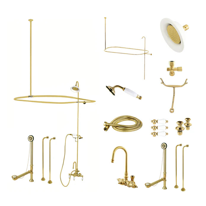 Kingston - Tub Faucets - Vintage CCK214PL Three-Handle 2-Hole Tub Wall Mount Clawfoot Tub Faucet Package with Shower Enclosure and Hand Shower