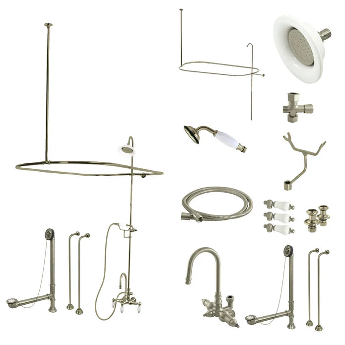 Kingston - Tub Faucets - Vintage CCK214PL Three-Handle 2-Hole Tub Wall Mount Clawfoot Tub Faucet Package with Shower Enclosure and Hand Shower