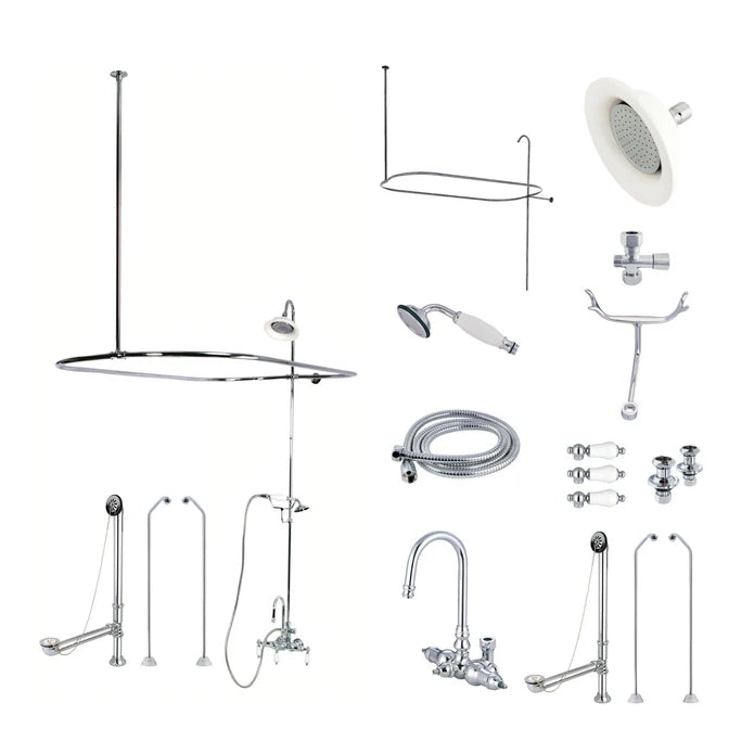 Kingston - Tub Faucets - Vintage CCK2182PL Three-Handle 2-Hole Tub Wall Mount Clawfoot Tub Faucet Package with Shower Enclosure and Hand Shower