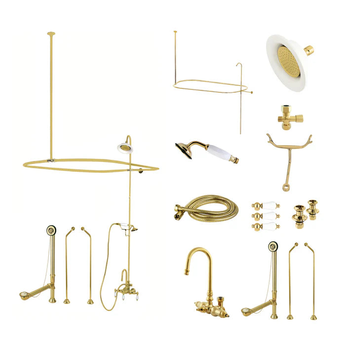 Kingston - Tub Faucets - Vintage CCK2182PL Three-Handle 2-Hole Tub Wall Mount Clawfoot Tub Faucet Package with Shower Enclosure and Hand Shower