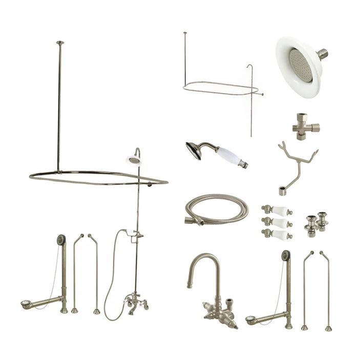 Kingston - Tub Faucets - Vintage CCK2182PL Three-Handle 2-Hole Tub Wall Mount Clawfoot Tub Faucet Package with Shower Enclosure and Hand Shower