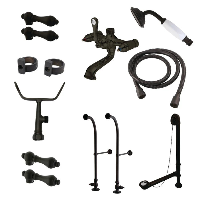 Kingston - Tub Faucets - Vintage CCK517AL Three-Handle 2-Hole Freestanding Clawfoot Tub Faucet Package with Supply Line, Hand Shower and Tub Drain