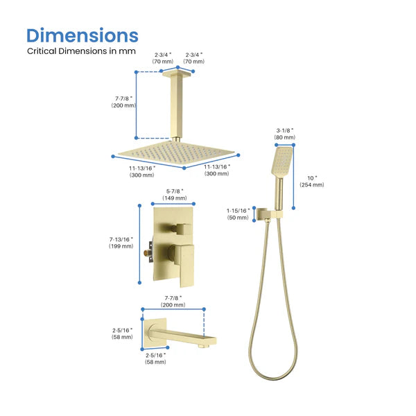 Casa Fixtures - Shower Faucets - Quadra Pressure Balanced 3-Function Ceiling Mount Shower System with Rough-In Valve (CSF-4013)