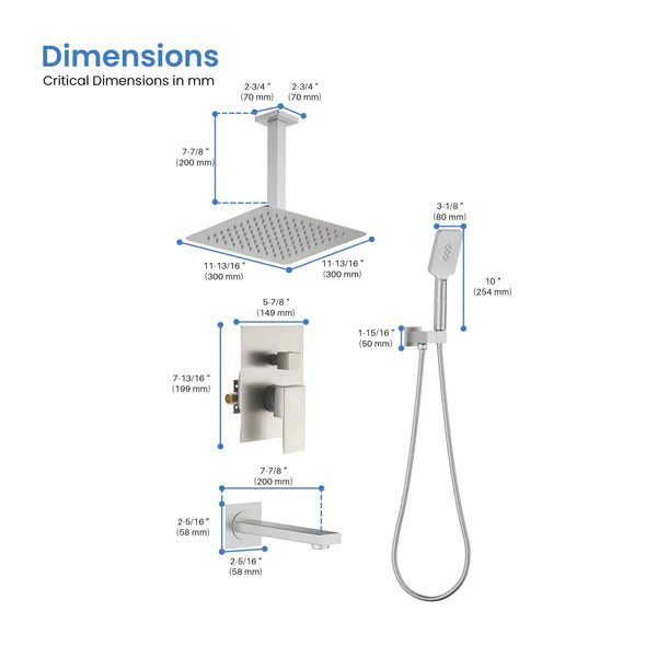 Casa Fixtures - Shower Faucets - Quadra Pressure Balanced 3-Function Ceiling Mount Shower System with Rough-In Valve (CSF-4013)