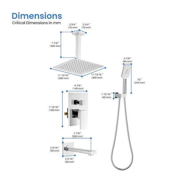 Casa Fixtures - Shower Faucets - Quadra Pressure Balanced 3-Function Ceiling Mount Shower System with Rough-In Valve (CSF-4013)