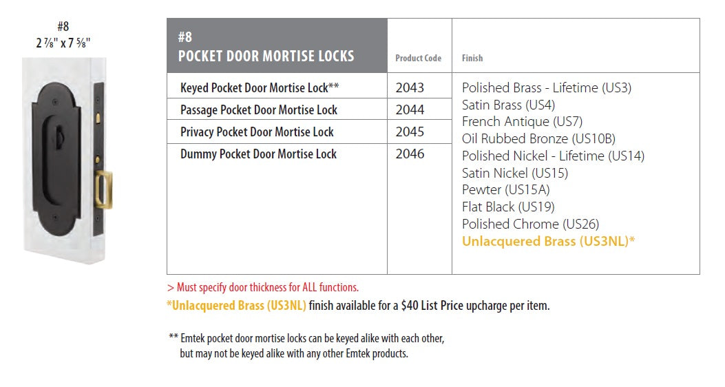 Emtek #8 Pocket Door Mortise Lock