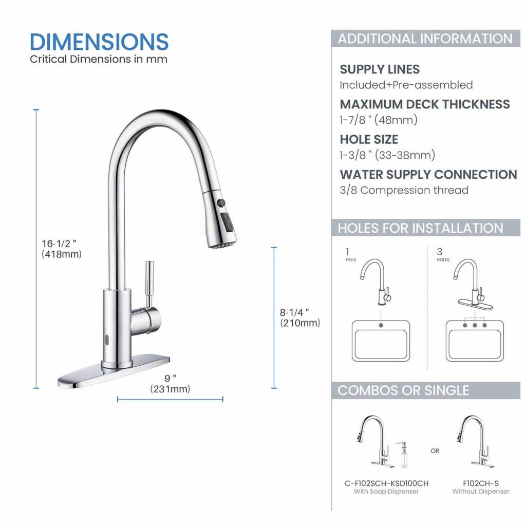 KIBI - Single Handle Pull Down Kitchen Faucet With Touch Sensor - F102-S