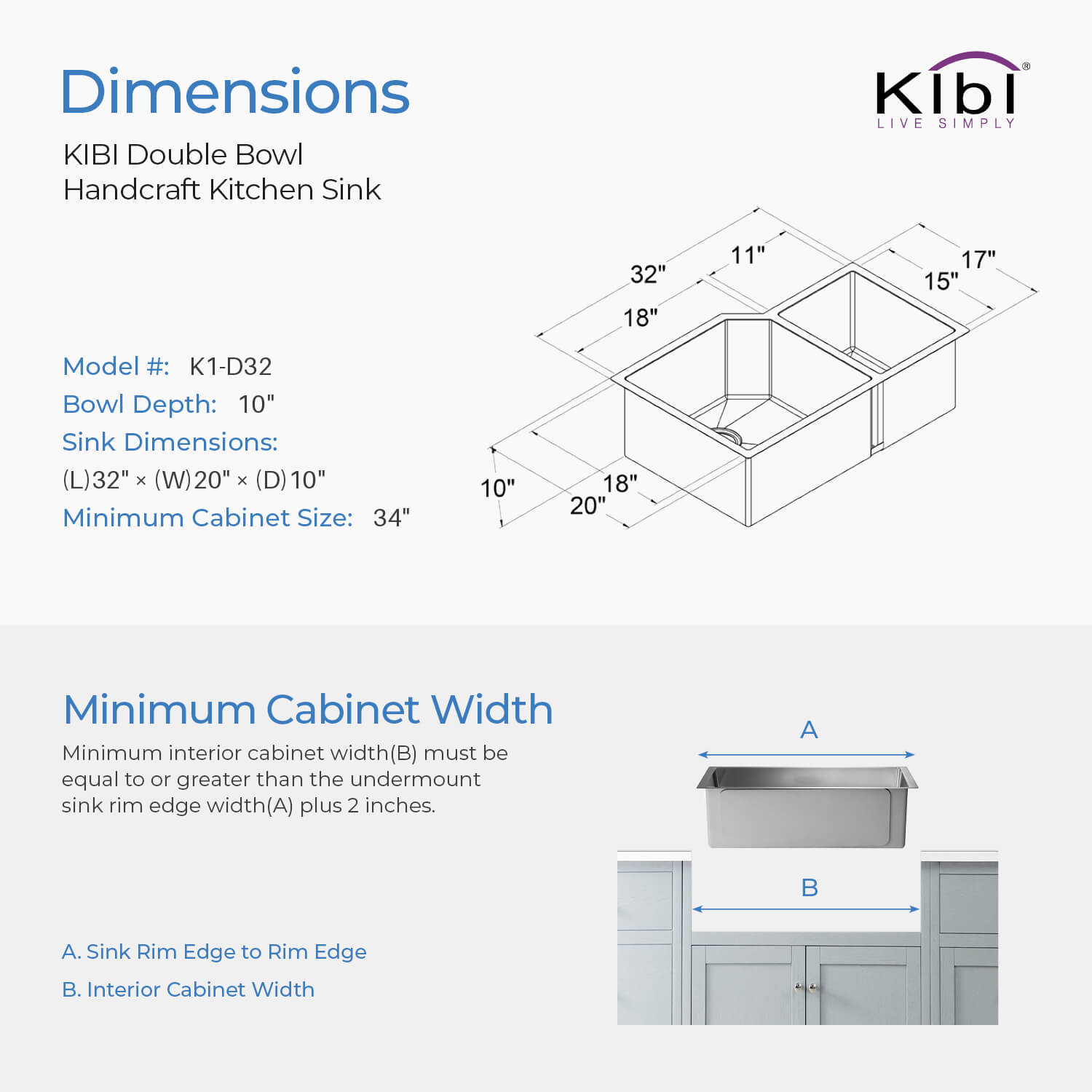 KIBI 32″ Undermount Double Bowl Stainless Steel Kitchen Sink K1-D32