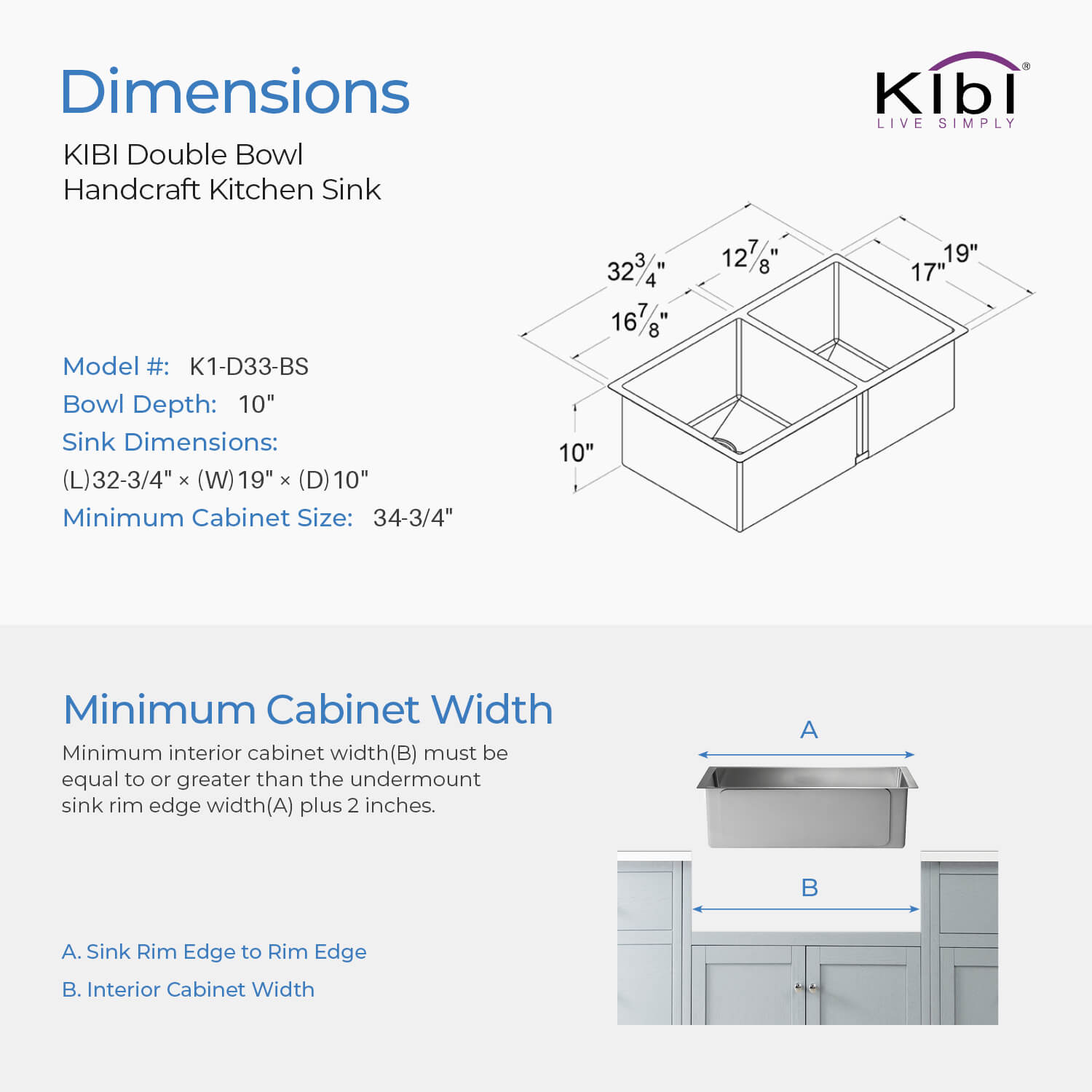 KIBI 32-3/4″ Handcrafted Undermount Double Bowl Stainless Steel Kitchen Sink K1-D33-BS