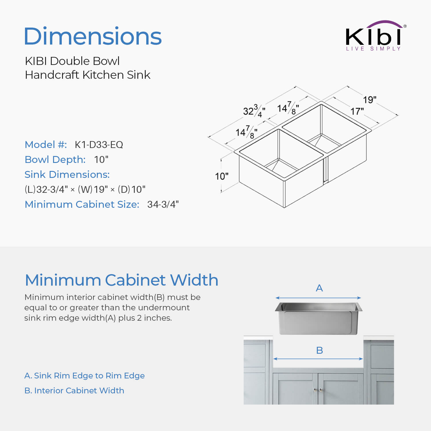 KIBI 32-3/4″ Handcrafted Undermount Double Bowl Stainless Steel Kitchen Sink K1-D33-EQ