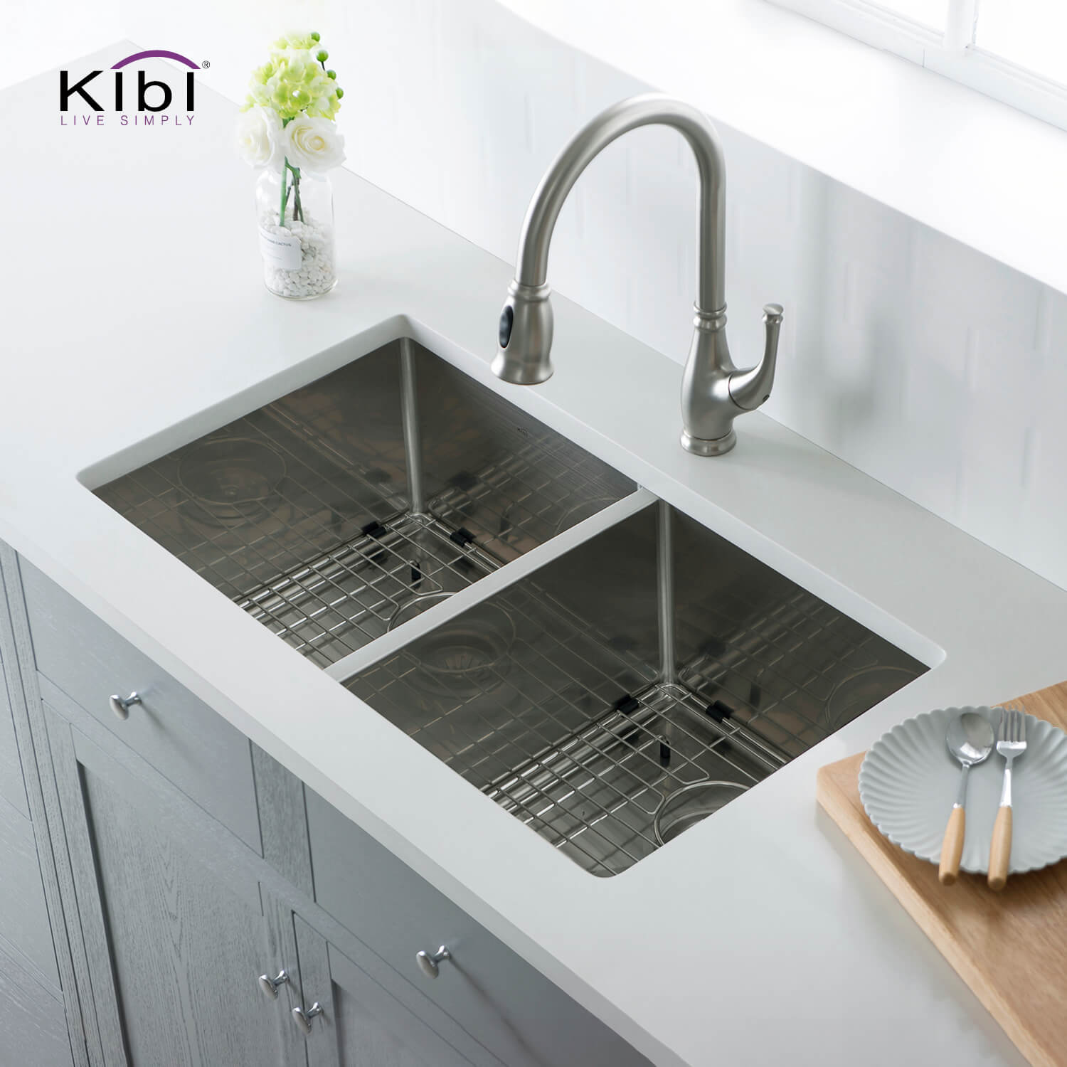 KIBI 32-3/4″ Handcrafted Undermount Double Bowl Stainless Steel Kitchen Sink K1-D33-EQ