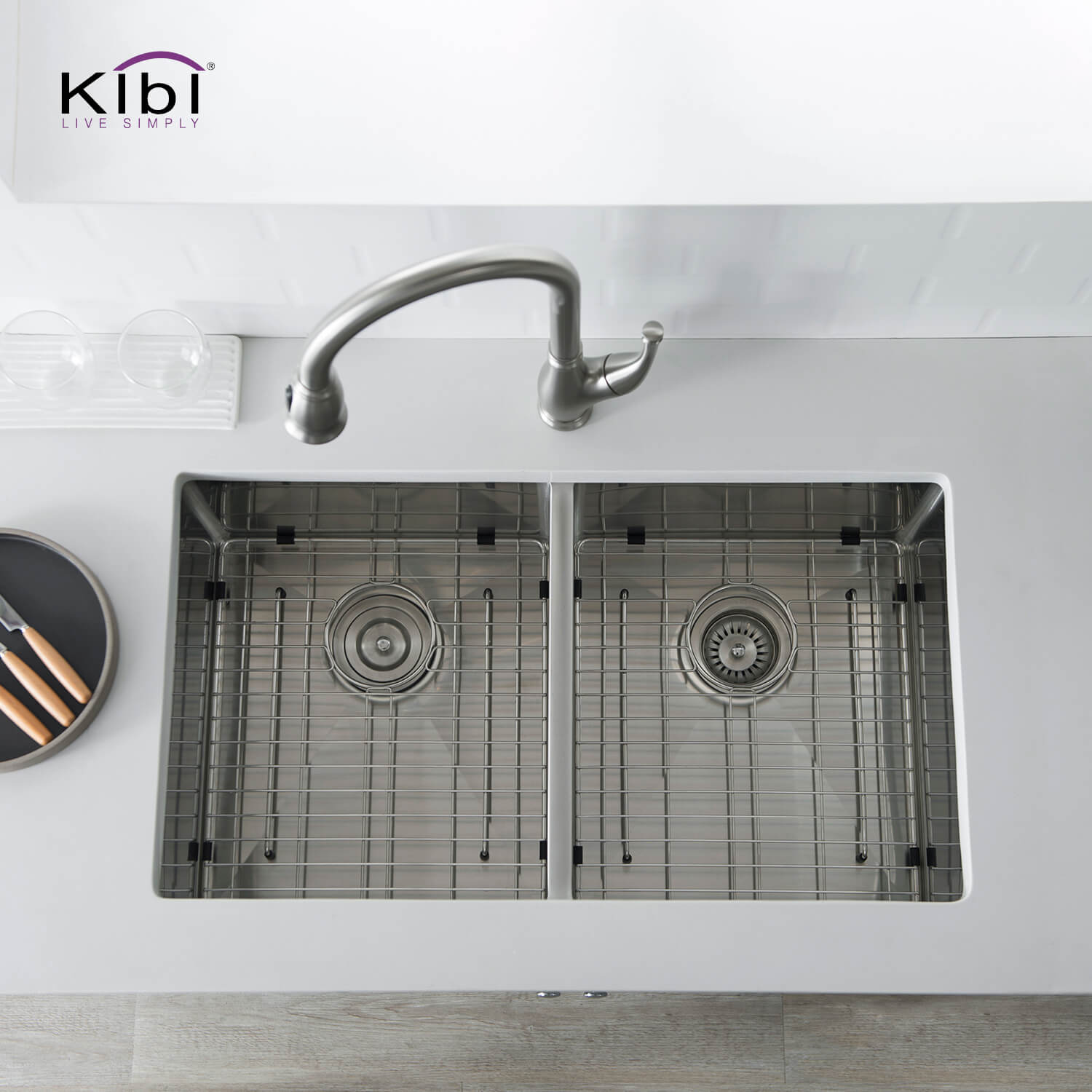 KIBI 32-3/4″ Handcrafted Undermount Double Bowl Stainless Steel Kitchen Sink K1-D33-EQ