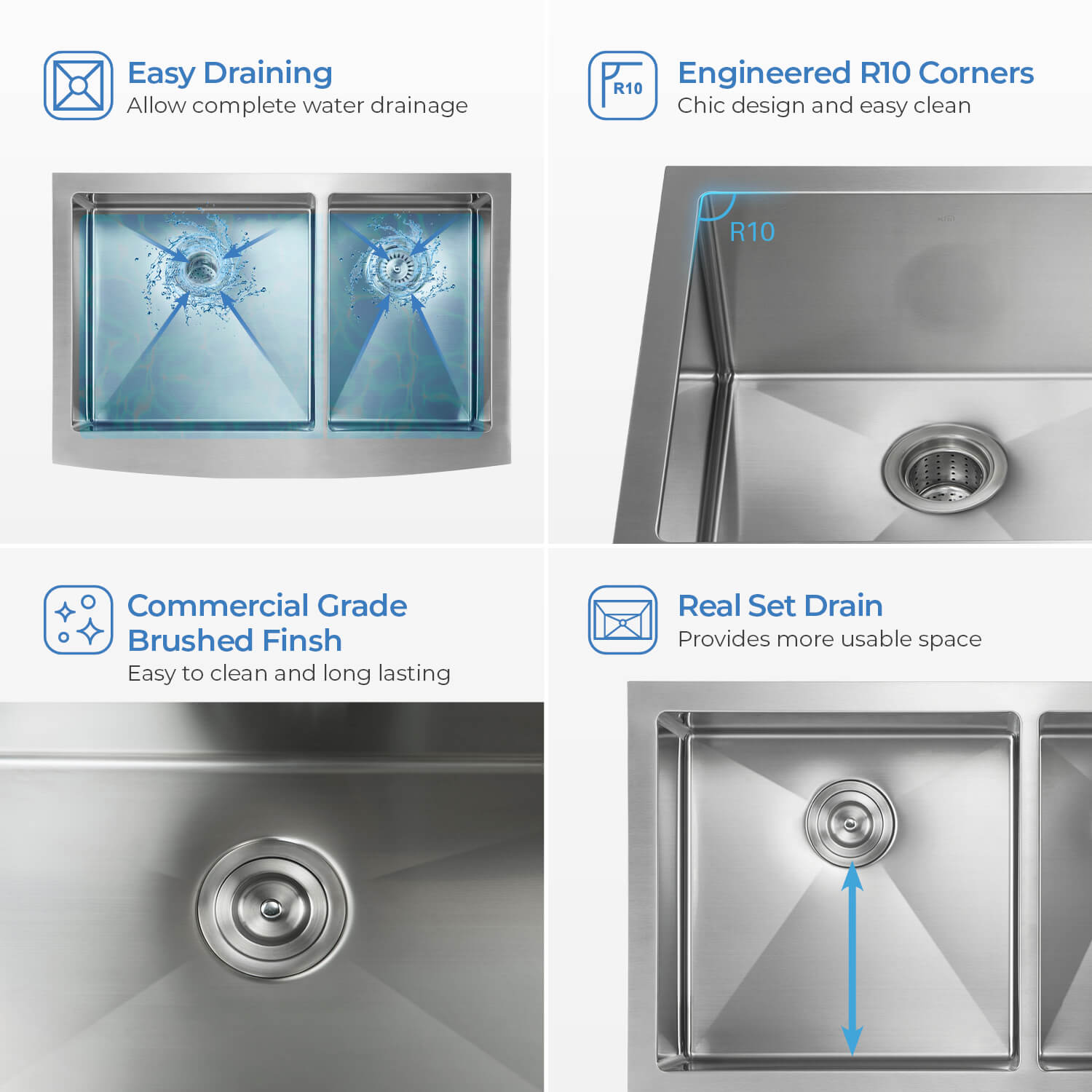KIBI 33″ Handcrafted Farmhouse Apron Double Bowl Stainless Steel Kitchen Sink K1-DF33