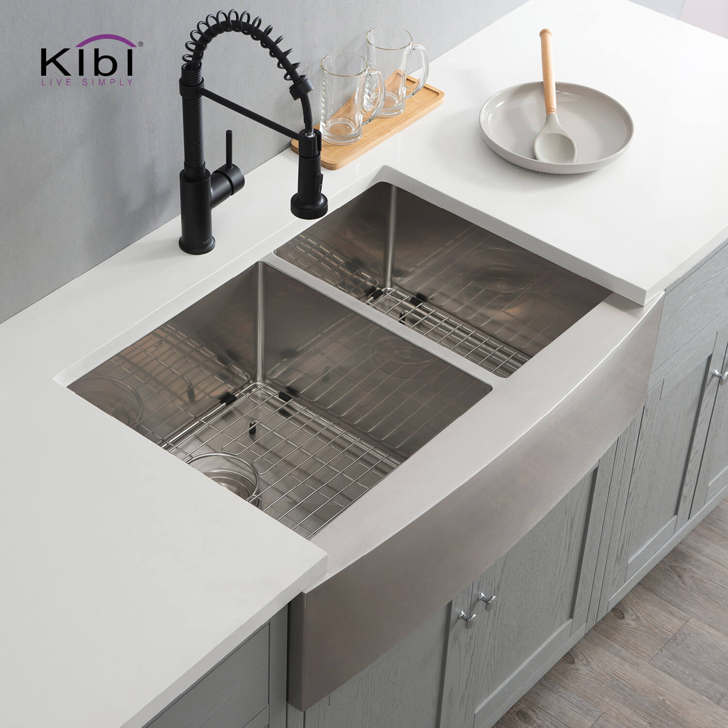 KIBI 33″ Handcrafted Farmhouse Apron Double Bowl Stainless Steel Kitchen Sink K1-DF33