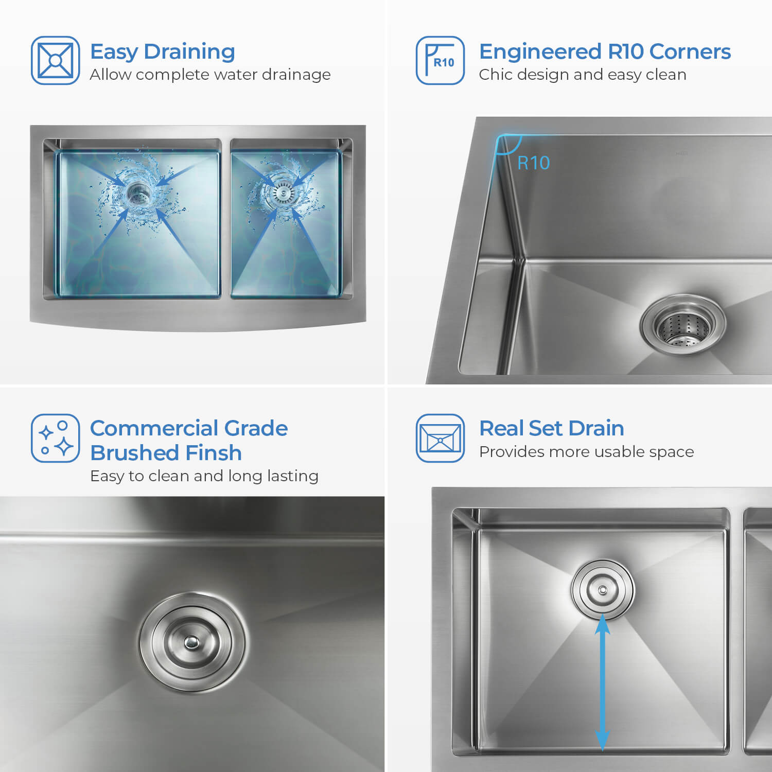 KIBI 36″ Handcrafted Farmhouse Apron Double Bowl Stainless Steel Kitchen Sink K1-DF36