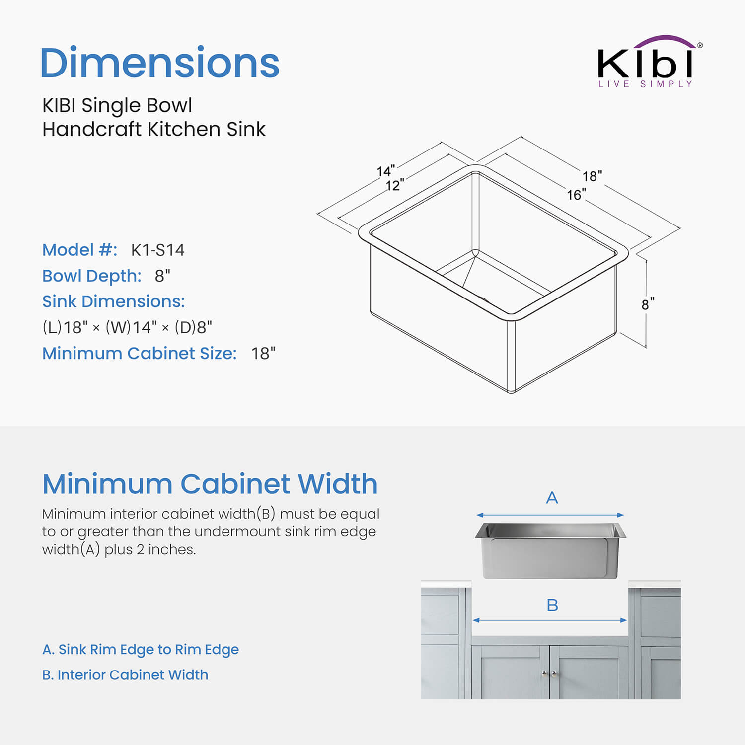 KIBI 14″ Undermount Single Bowl Stainless Steel Kitchen Sink K1-S14