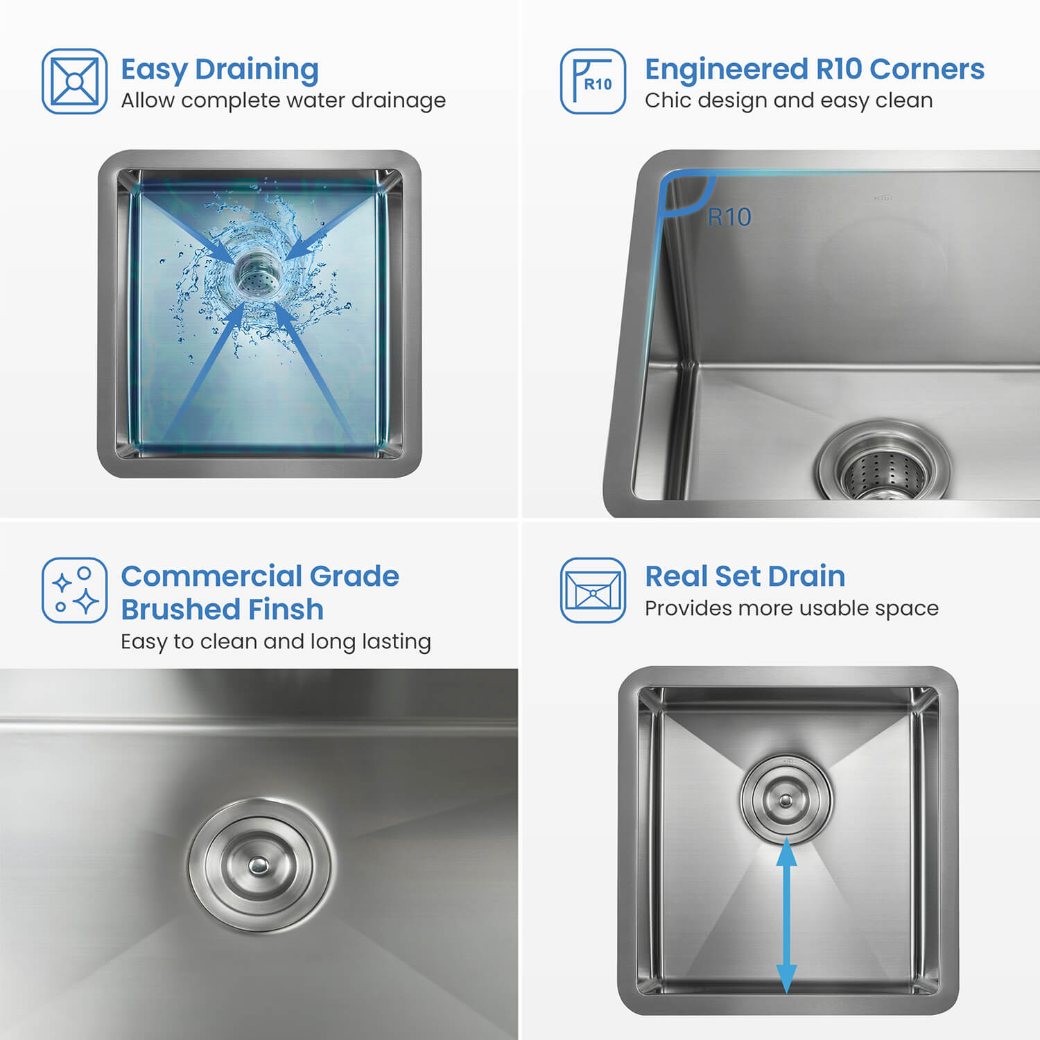 KIBI 16″ Undermount Single Bowl Stainless Steel Kitchen Sink K1-S16