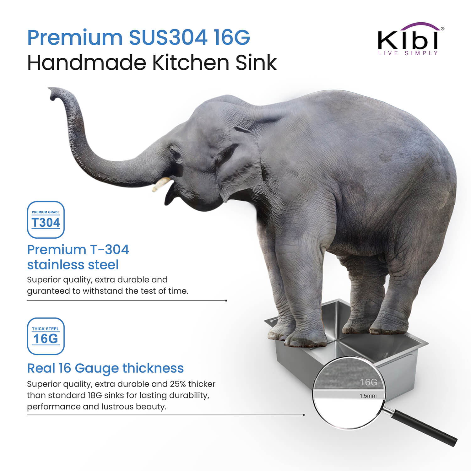 KIBI 16″ Undermount Single Bowl Stainless Steel Kitchen Sink K1-S16
