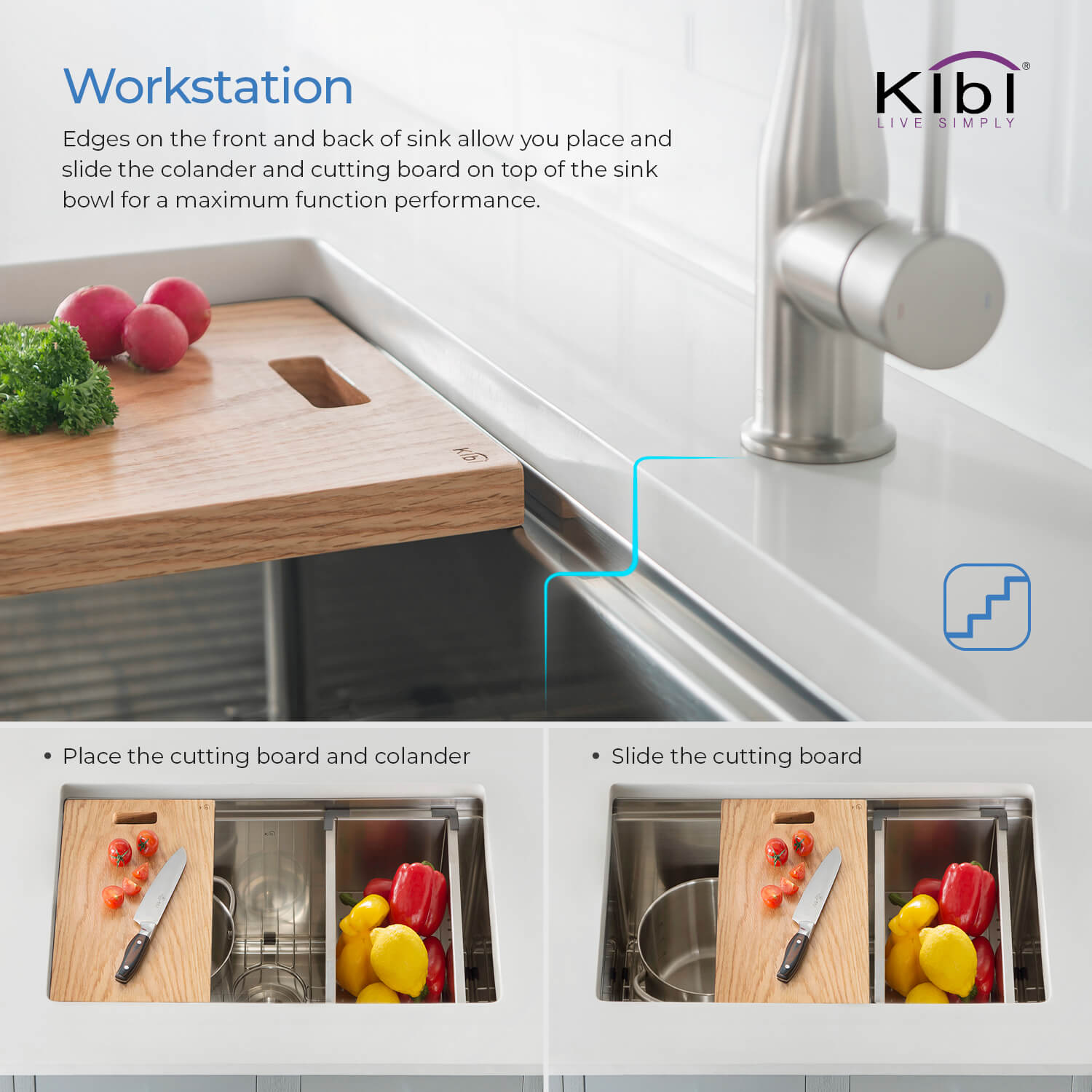 KIBI 33″ Undermount Single Bowl Stainless Steel Kitchen Sink Work Station K1-S33T