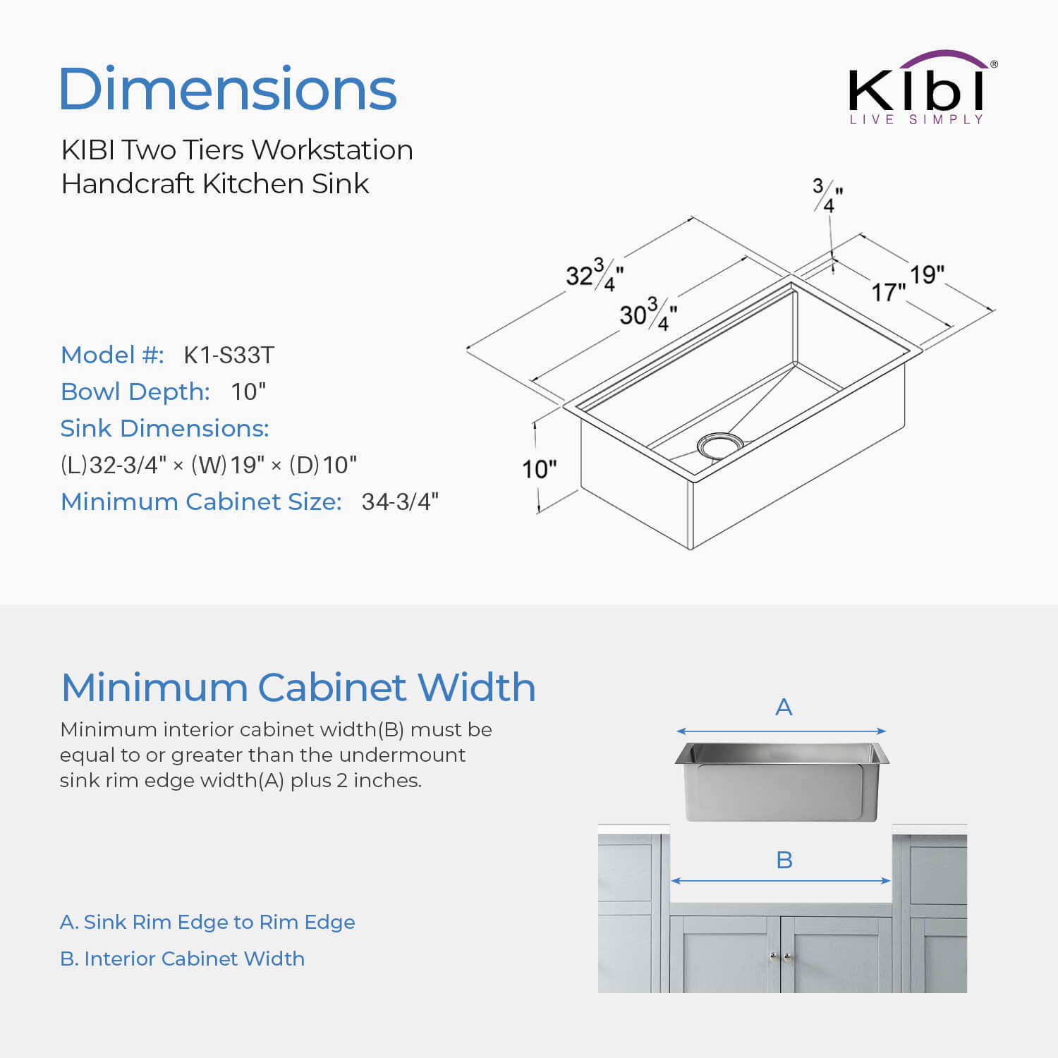 KIBI 33″ Undermount Single Bowl Stainless Steel Kitchen Sink Work Station K1-S33T