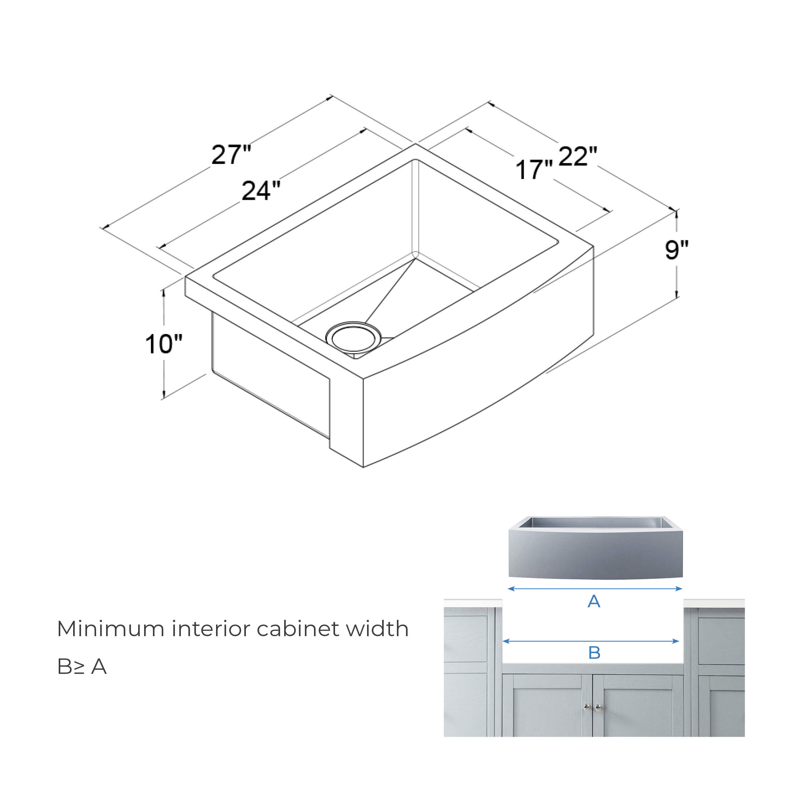 KIBI 27″ Handcrafted Farmhouse Apron Single Bowl Stainless Steel Kitchen Sink K1-SF27