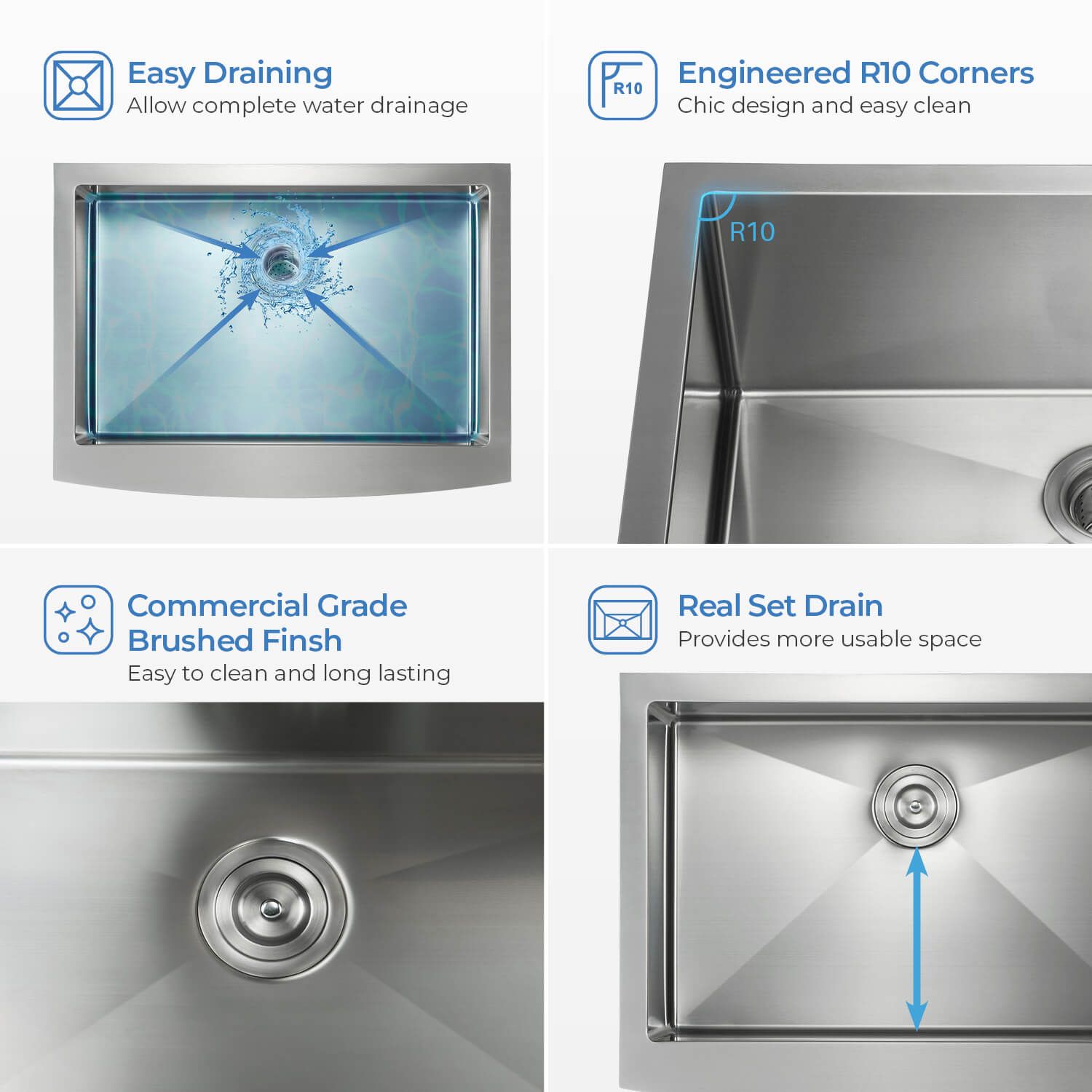 KIBI 30″ Handcrafted Farmhouse Apron Single Bowl Stainless Steel Kitchen Sink K1-SF30