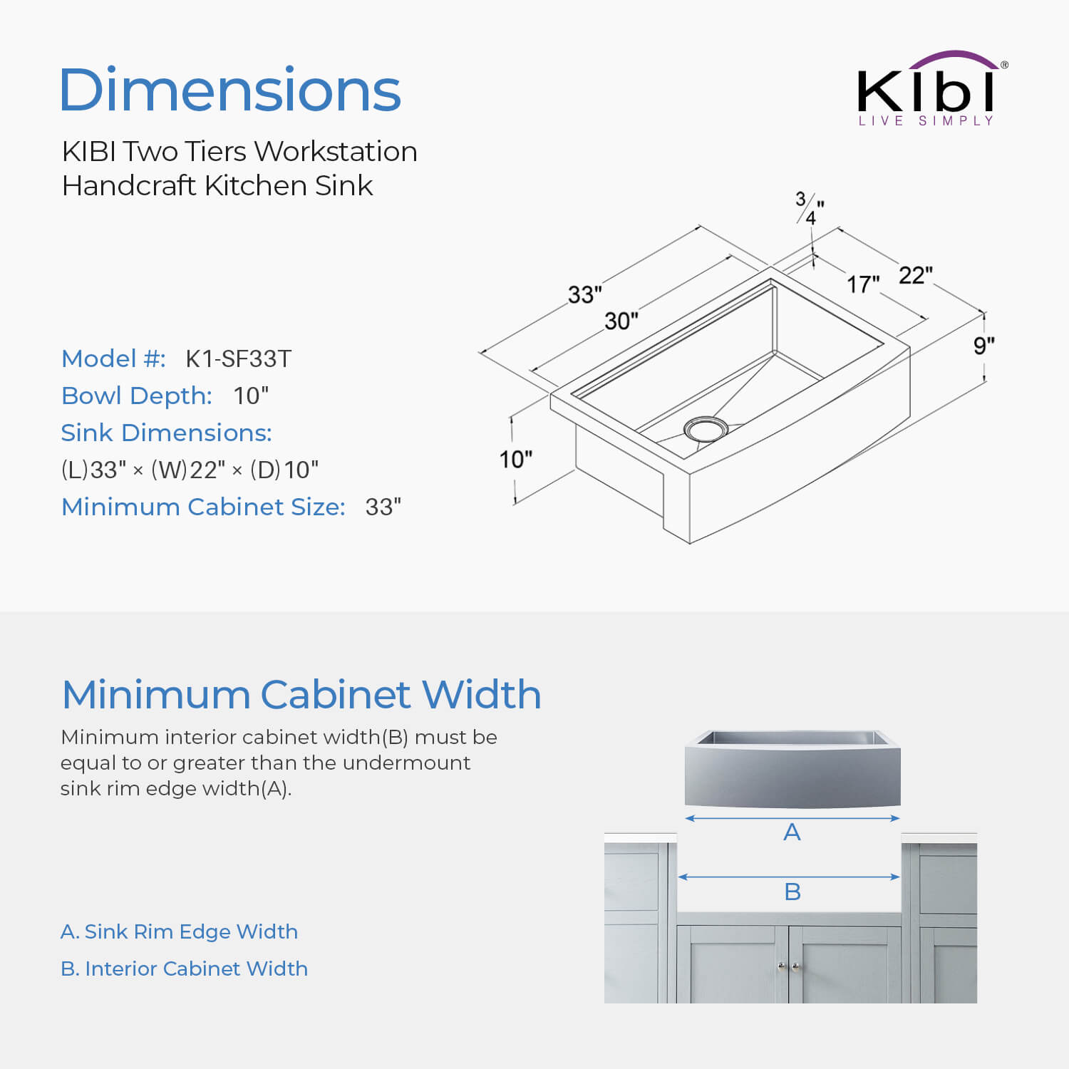 KIBI 33″ Undermount Single Bowl Stainless Steel Kitchen Sink Work Station K1-SF33T