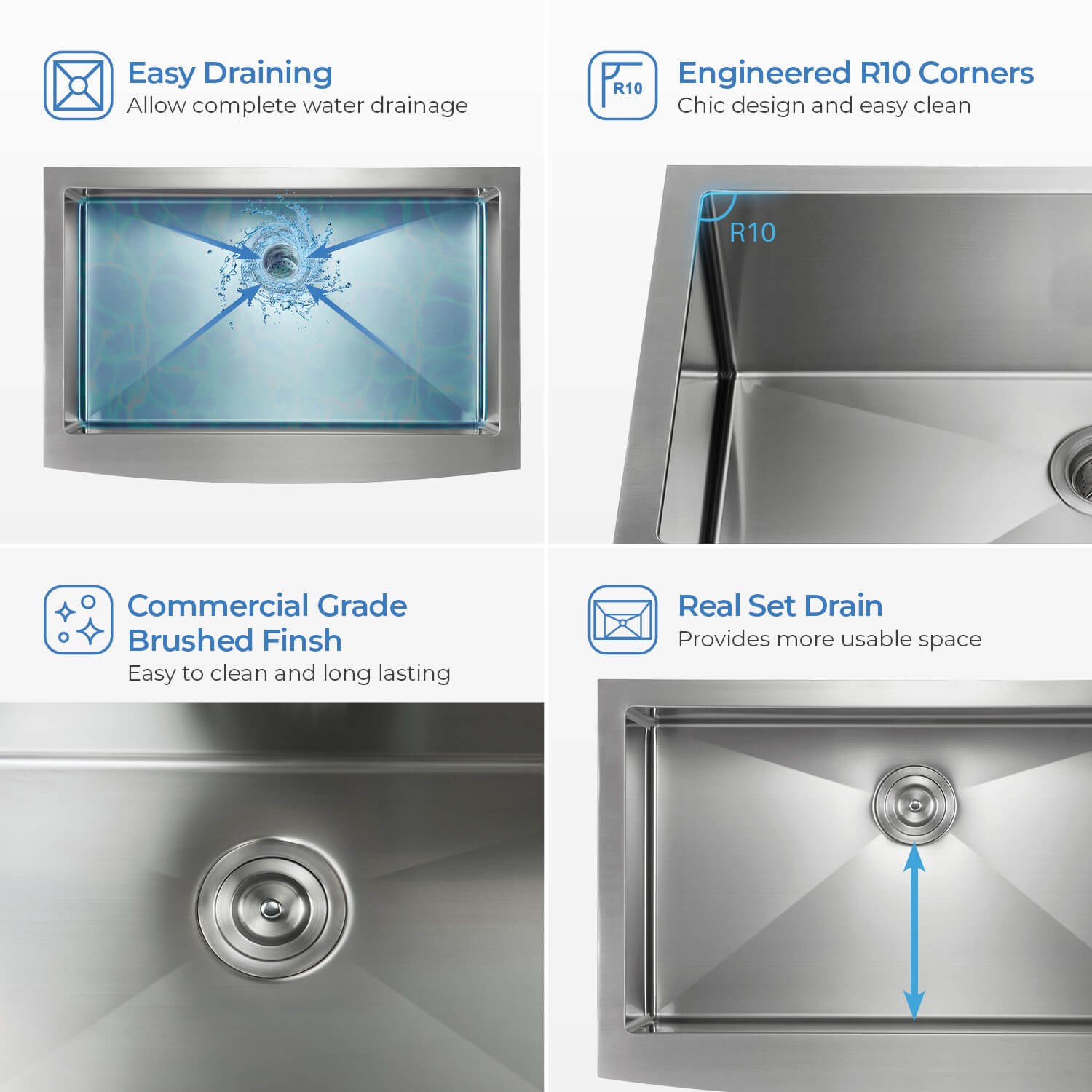 KIBI 33″ Handcrafted Farmhouse Apron Single Bowl Stainless Steel Kitchen Sink K1-SF33