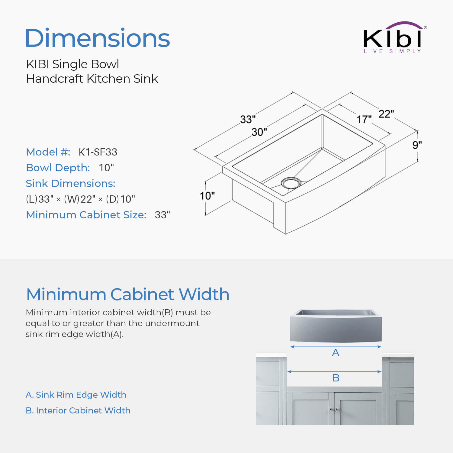 KIBI 33″ Handcrafted Farmhouse Apron Single Bowl Stainless Steel Kitchen Sink K1-SF33